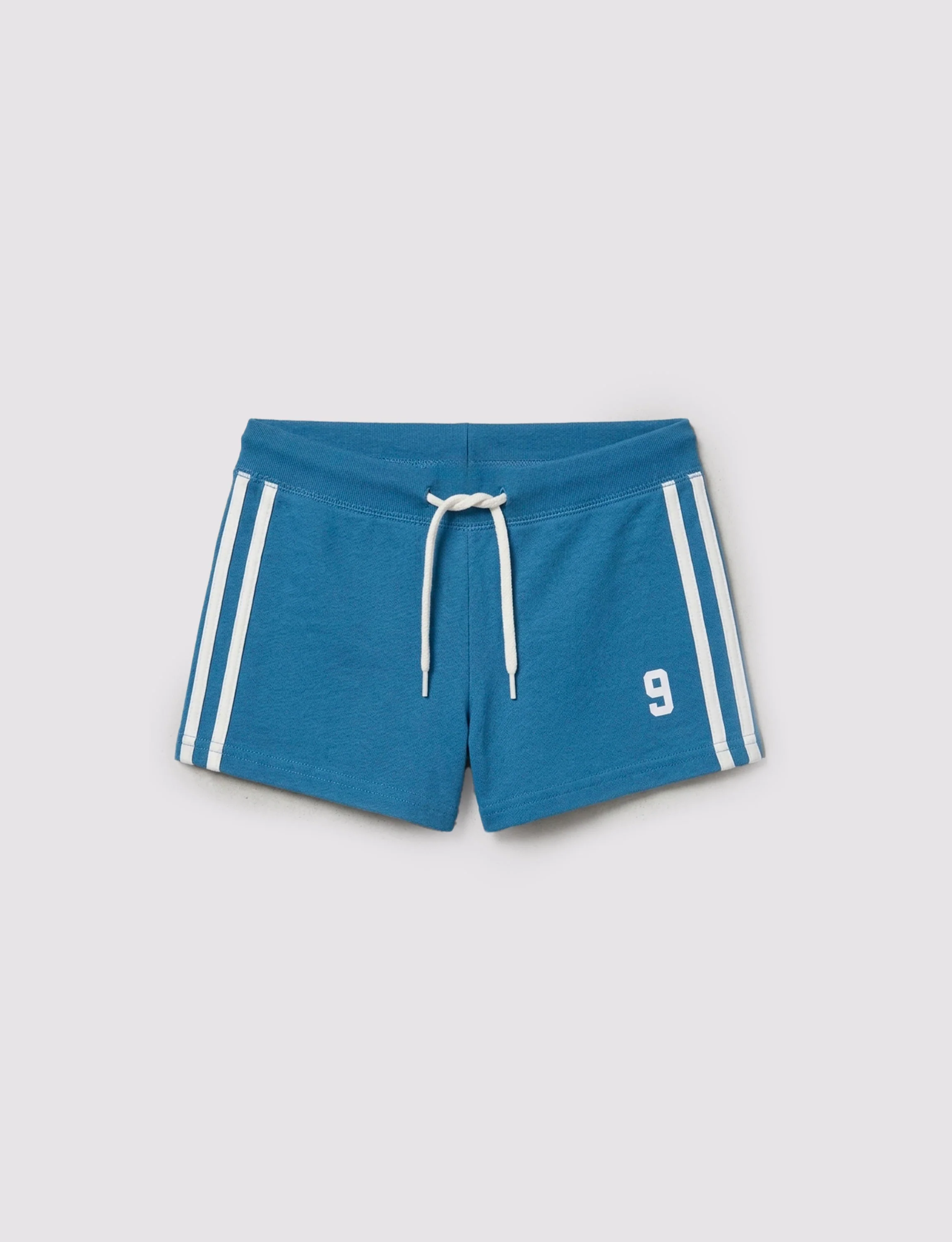 Short azzurro in jersey con righe laterali e stampa 9